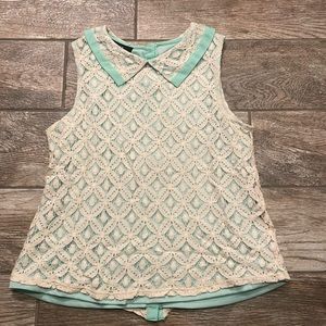 BCX Mint Green & Cream Crochet Overlay Tank with Peter Pan Collar
